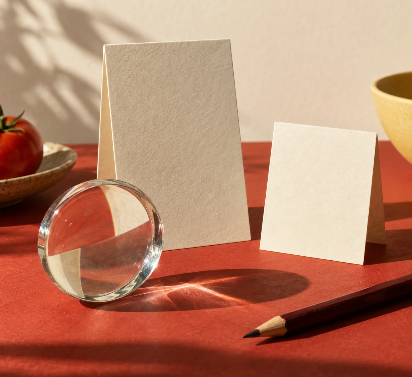 Two paper cards and a glass lens on a sunlit red tabletop.