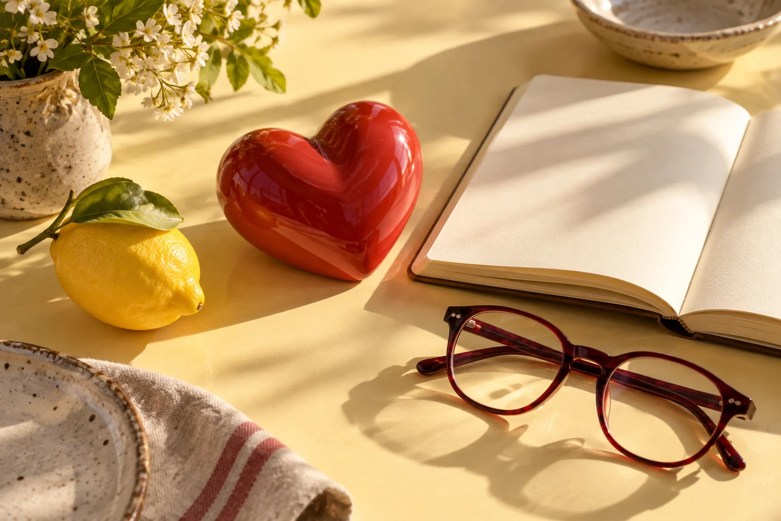A red ceramic heart, reading glasses, and an open notebook in warm sunlight.