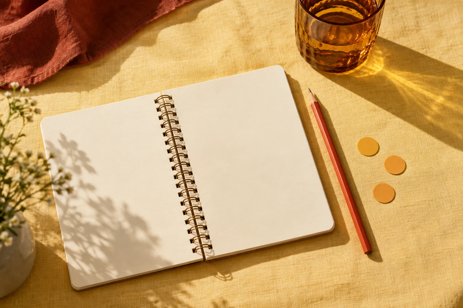 A blank notebook, pencil, and amber glass on yellow linen.